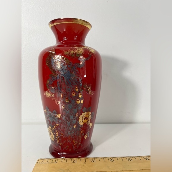Vintage Red Gold Trim Vase Peacock Design Flowers MCM Glass - Picture 12 of 15